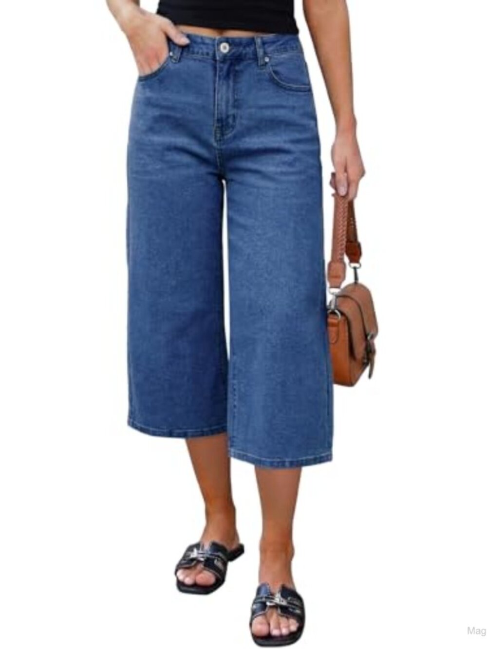 Women's High Waisted Wide Leg Capri Jeans Stretchy Denim Cropped